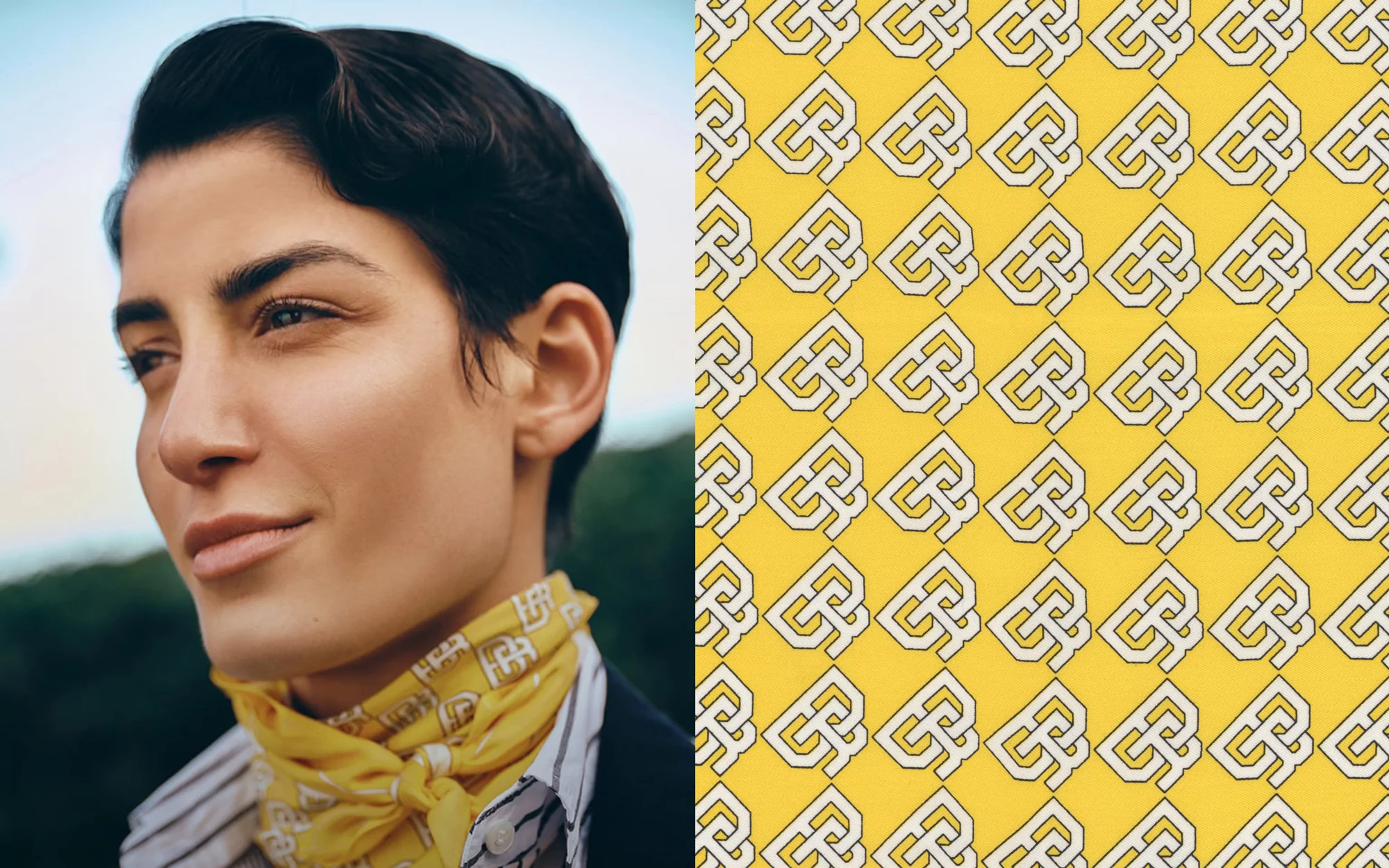 Portrait of a woman with short dark hair, wearing a striped shirt and yellow scarf, set against an abstract patterned background.