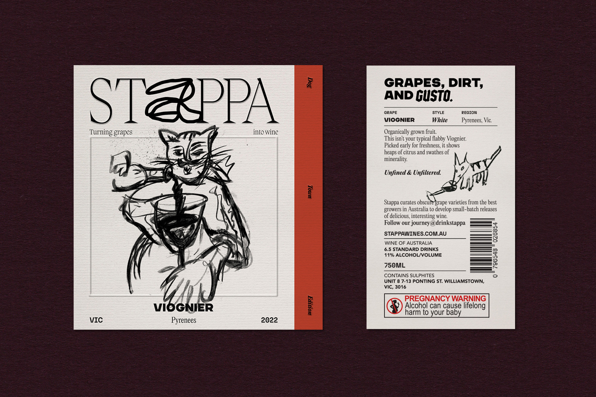 Wine label with an artistic sketch of a cat holding a glass of wine, set against a maroon background with text on the front and back.