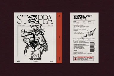 Product packaging design showcasing a wine label with sketchy black and white cat illustration and bold typography.