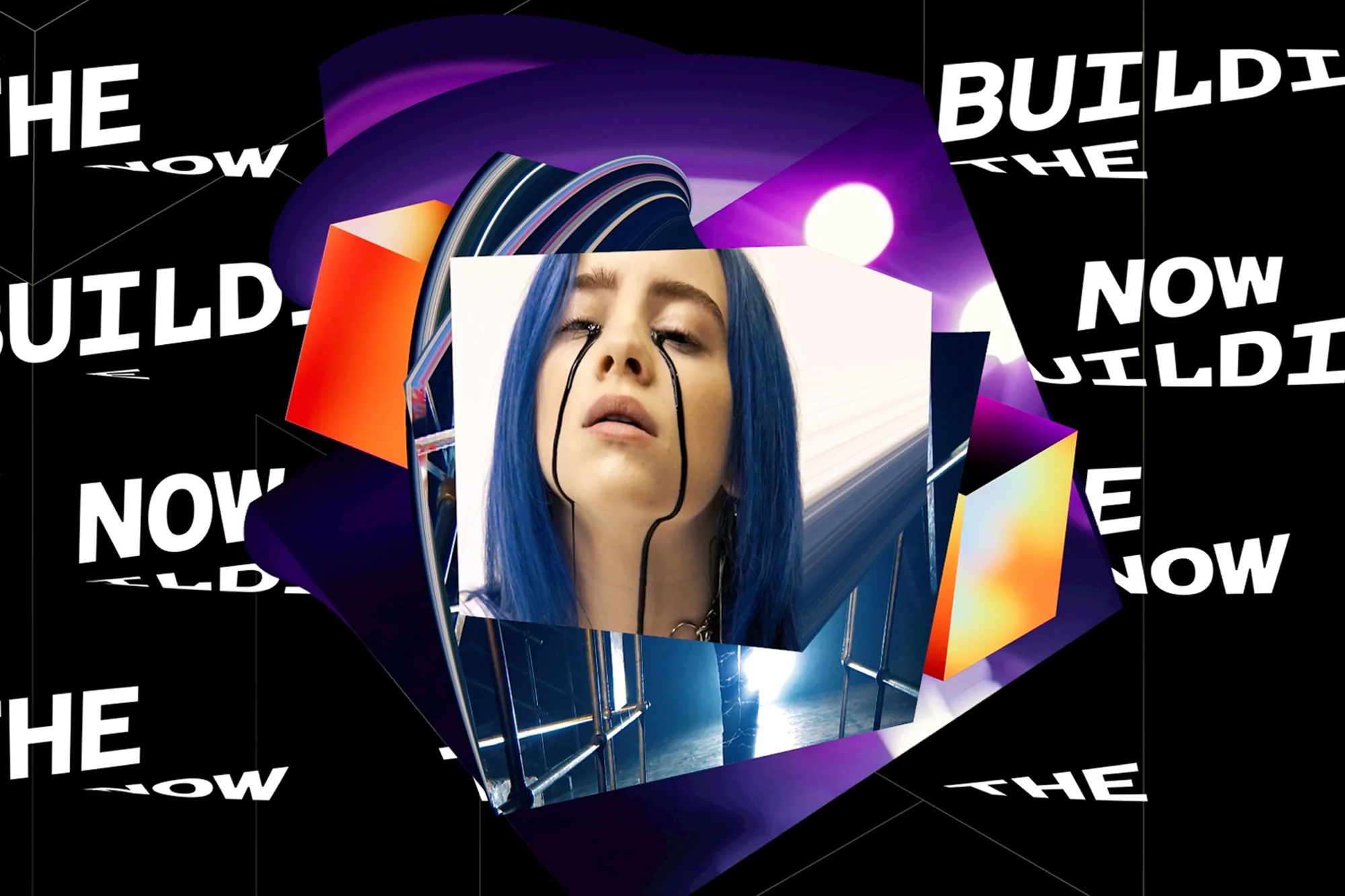 Woman with blue hair poses with dripping black paint or eyeliner on face, digitally constructed background with geometric shapes and text.