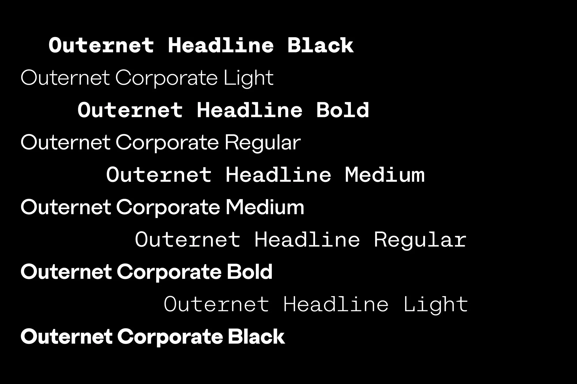 Font type samples, including OuterNet Headline in Black, Bold, Medium, Regular, and Light and OuterNet Corporate in Black, Bold, Medium, Regular, and Light.