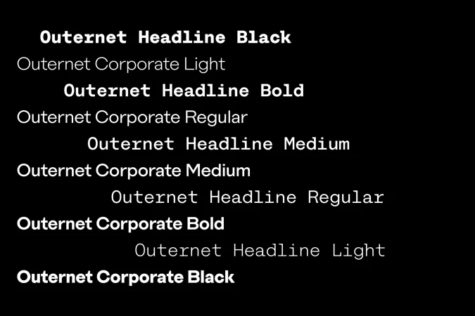 Font type samples, including OuterNet Headline in Black, Bold, Medium, Regular, and Light and OuterNet Corporate in Black, Bold, Medium, Regular, and Light.