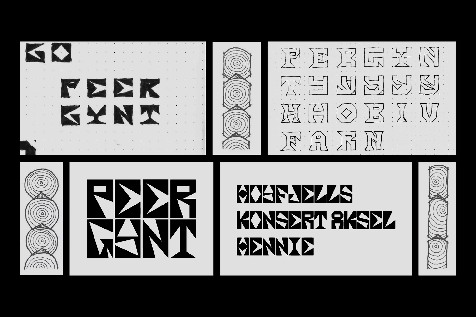 Black and white image featuring geometric typographic designs, stacked woodcut graphics, and various artistic compositions on a light background.