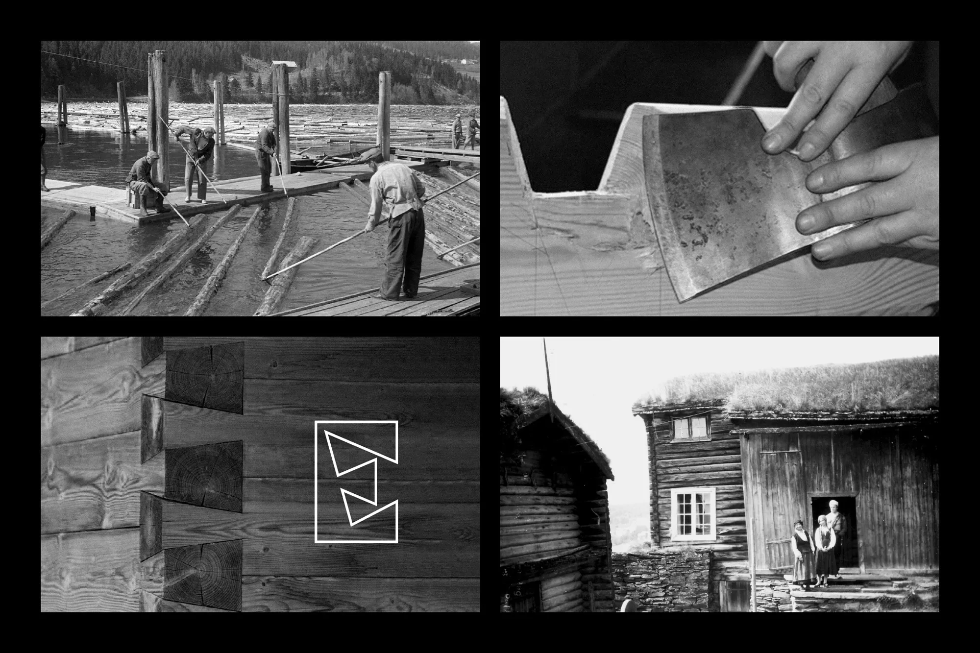 Montage of black and white images showing people working with logs, an axe, log cabin details, and a family portrait by a wooden house.