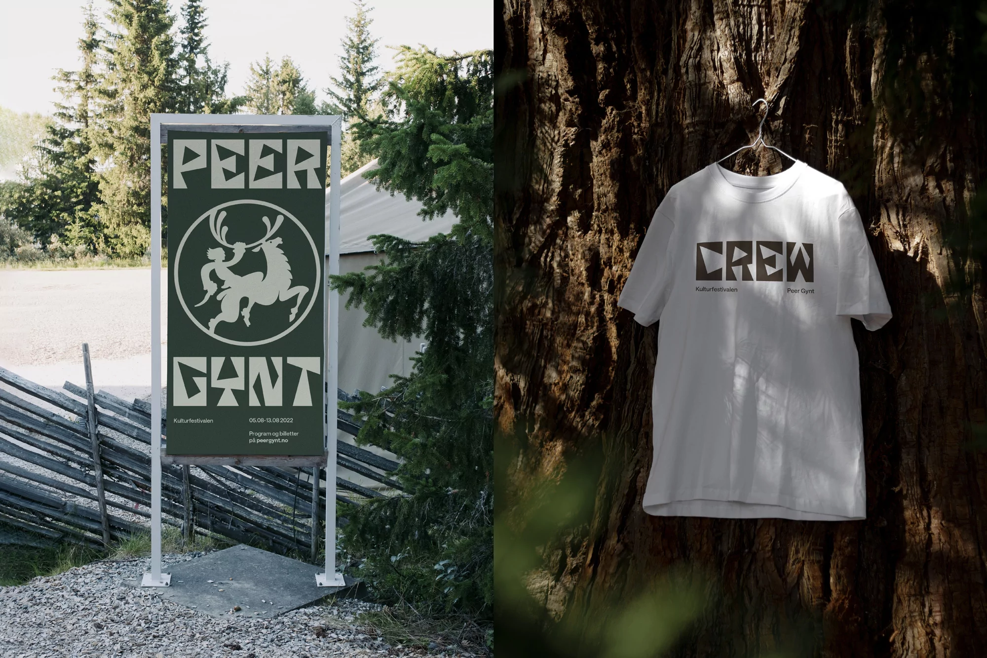Outdoor display of a poster featuring a person riding a deer next to a t-shirt hung on a tree trunk, both promoting a festival.