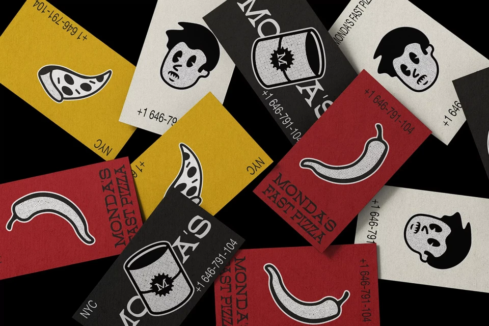 Collection of business cards with cartoon illustrations of pizza slices, chili peppers, and graphic designs, set against a black background.