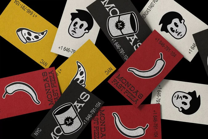 Collection of business cards with cartoon illustrations of pizza slices, chili peppers, and graphic designs, set against a black background.