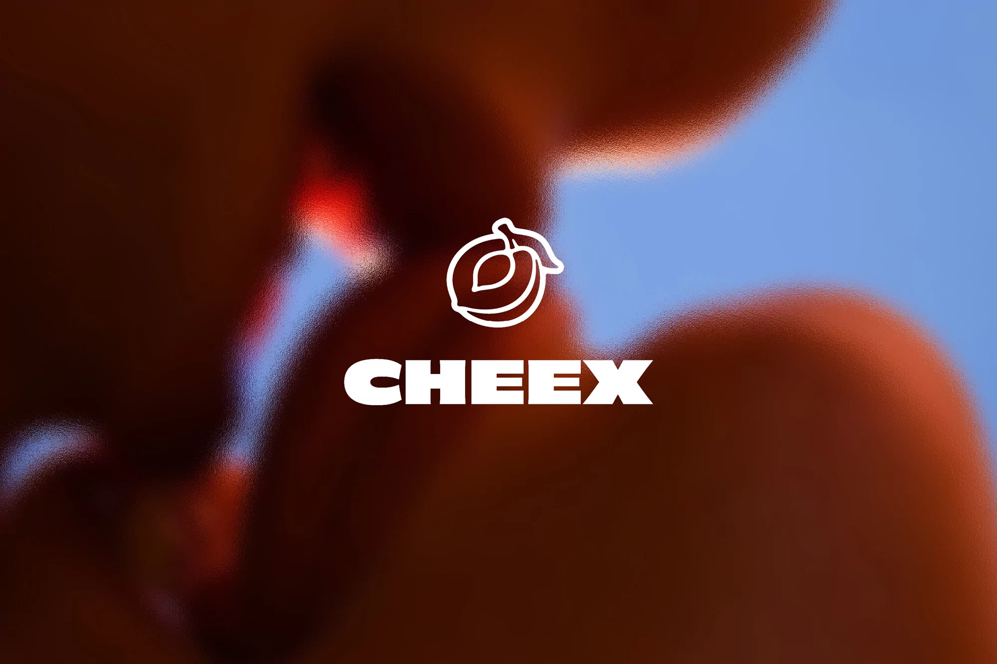 Close-up blurred image featuring a brand logo with a stylized peach and the text 'CHEEX' against a background of blue and orange hues.