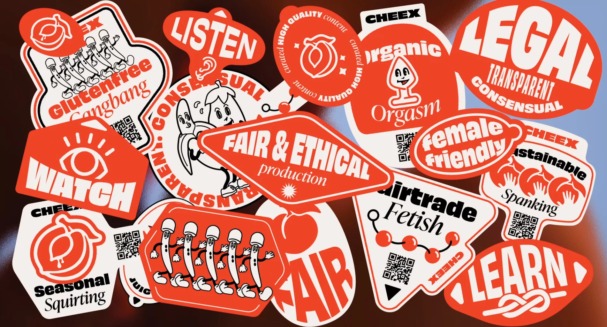 Collection of cartoon stickers with ethical, educational, and organic themes in orange and white, featuring cartoon fruits and stylized text.