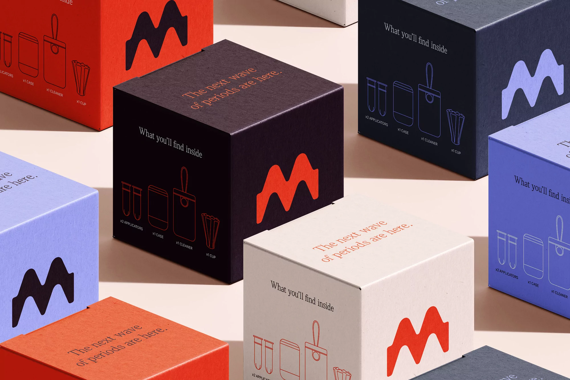 Multiple colorful boxes with a logo and text, "The next wave of periods are here," arranged in a visually appealing product display.