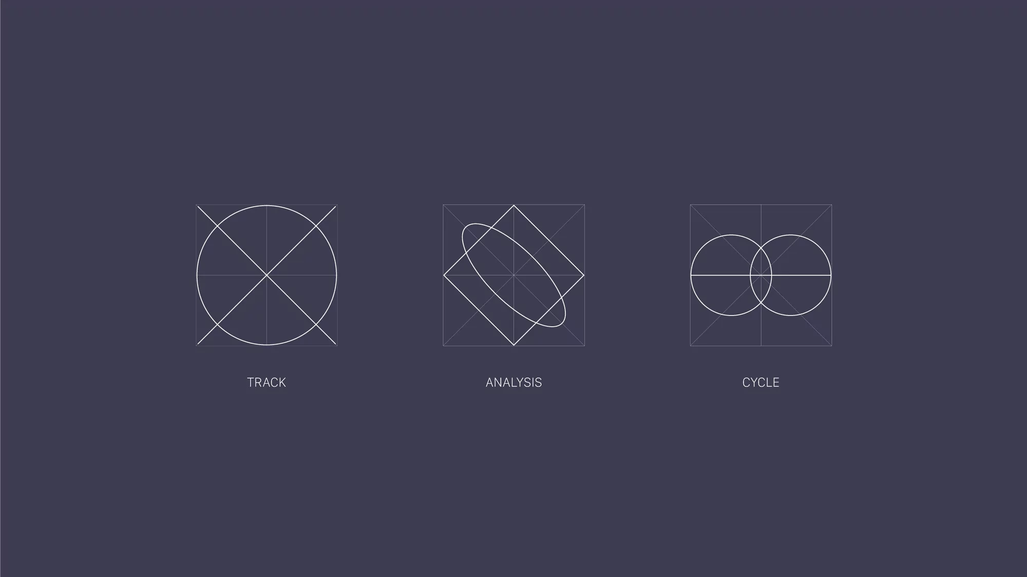 Abstract geometric shapes: a circle with intersecting lines, an oval inside a square, and two overlapping circles against a dark background.