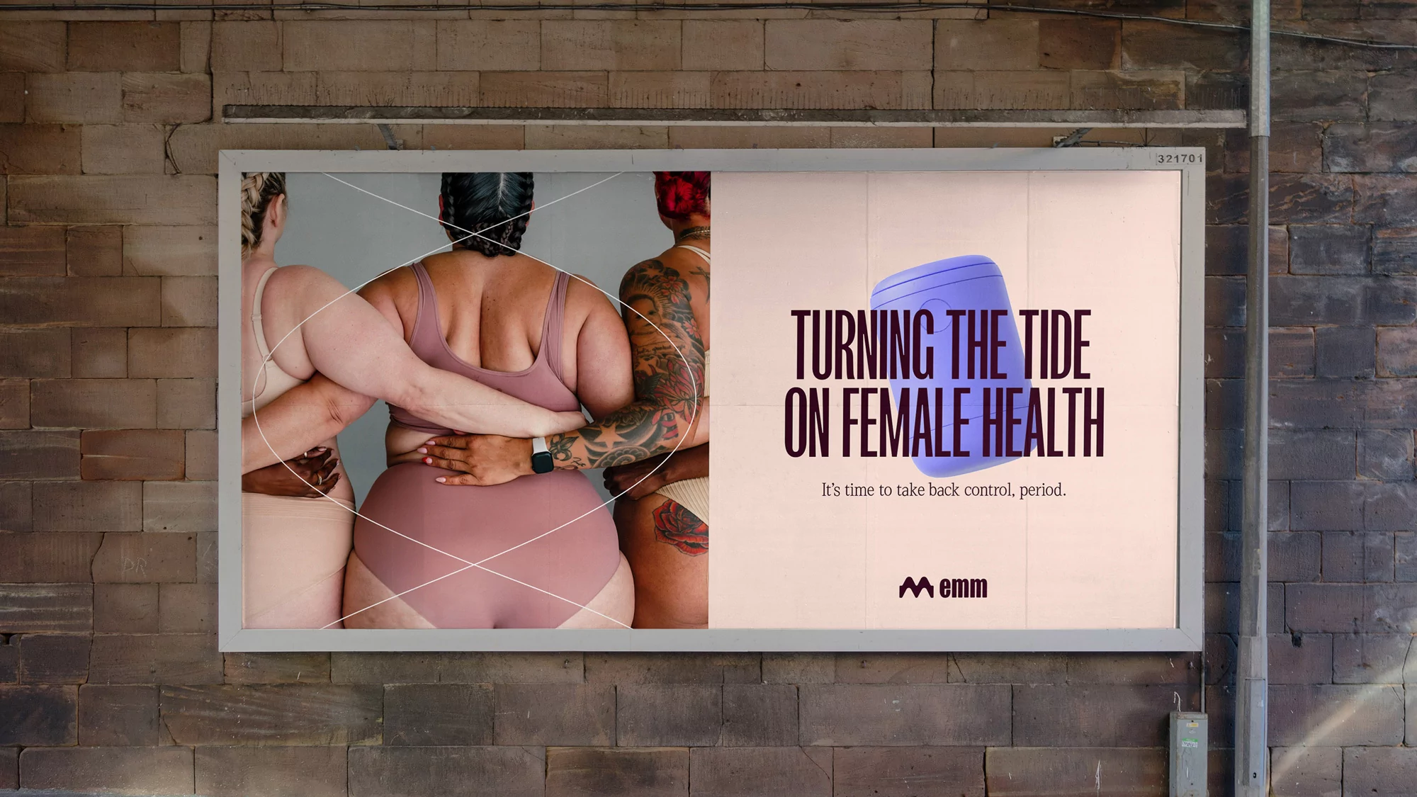 A billboard features three plus-size women with arms around each other, promoting female health alongside a purple container product.