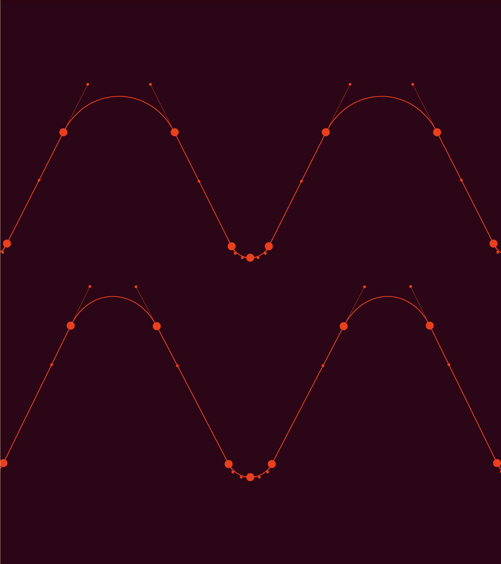 Abstract design with connected orange dots forming two wavy lines against a dark maroon background, creating a symmetrical pattern.