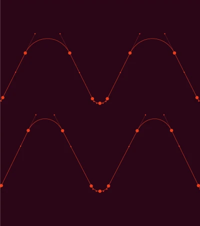 Abstract design with connected orange dots forming two wavy lines against a dark maroon background, creating a symmetrical pattern.