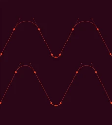 Digital vector illustration of red vector points and handles forming a repeating wave pattern on a dark background.
