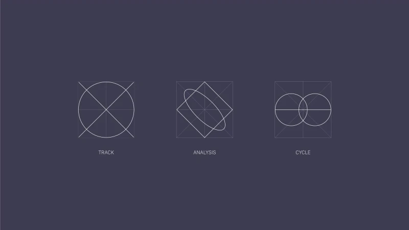 Three minimalist graphic icons titled Track, Analysis, and Cycle rendered in white line art on a dark slate background.