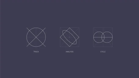 Three minimalist graphic icons titled Track, Analysis, and Cycle rendered in white line art on a dark slate background.