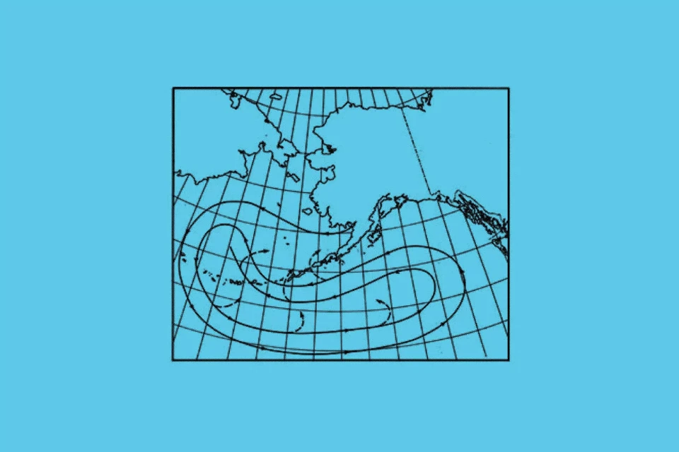 Illustration of a geographical map with contour lines and arrows on a light blue background, possibly depicting ocean currents.