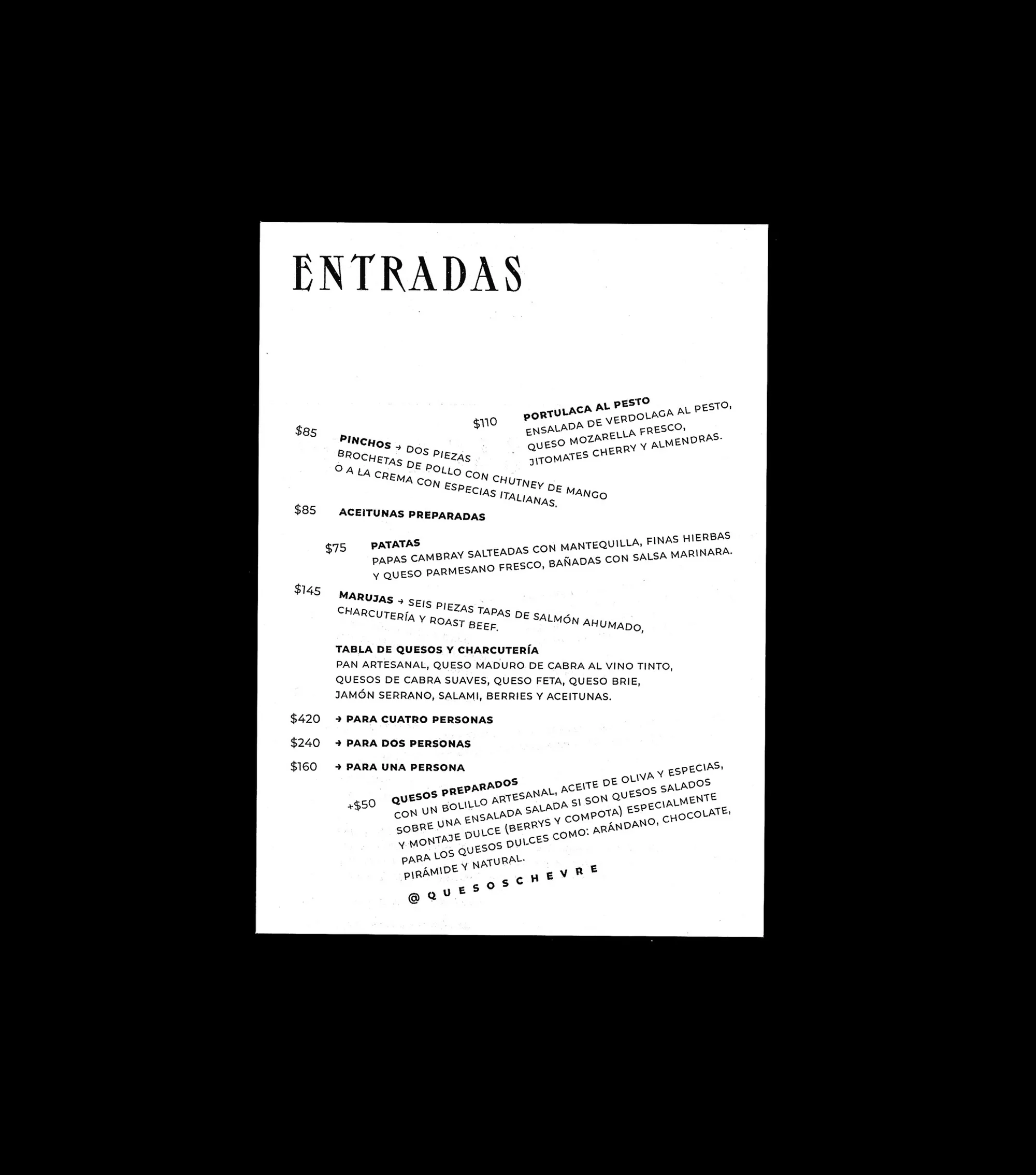 Upscale menu for a restaurant, showcasing a variety of appetizers, including cheese and charcuterie, presented in elegant typography on paper.