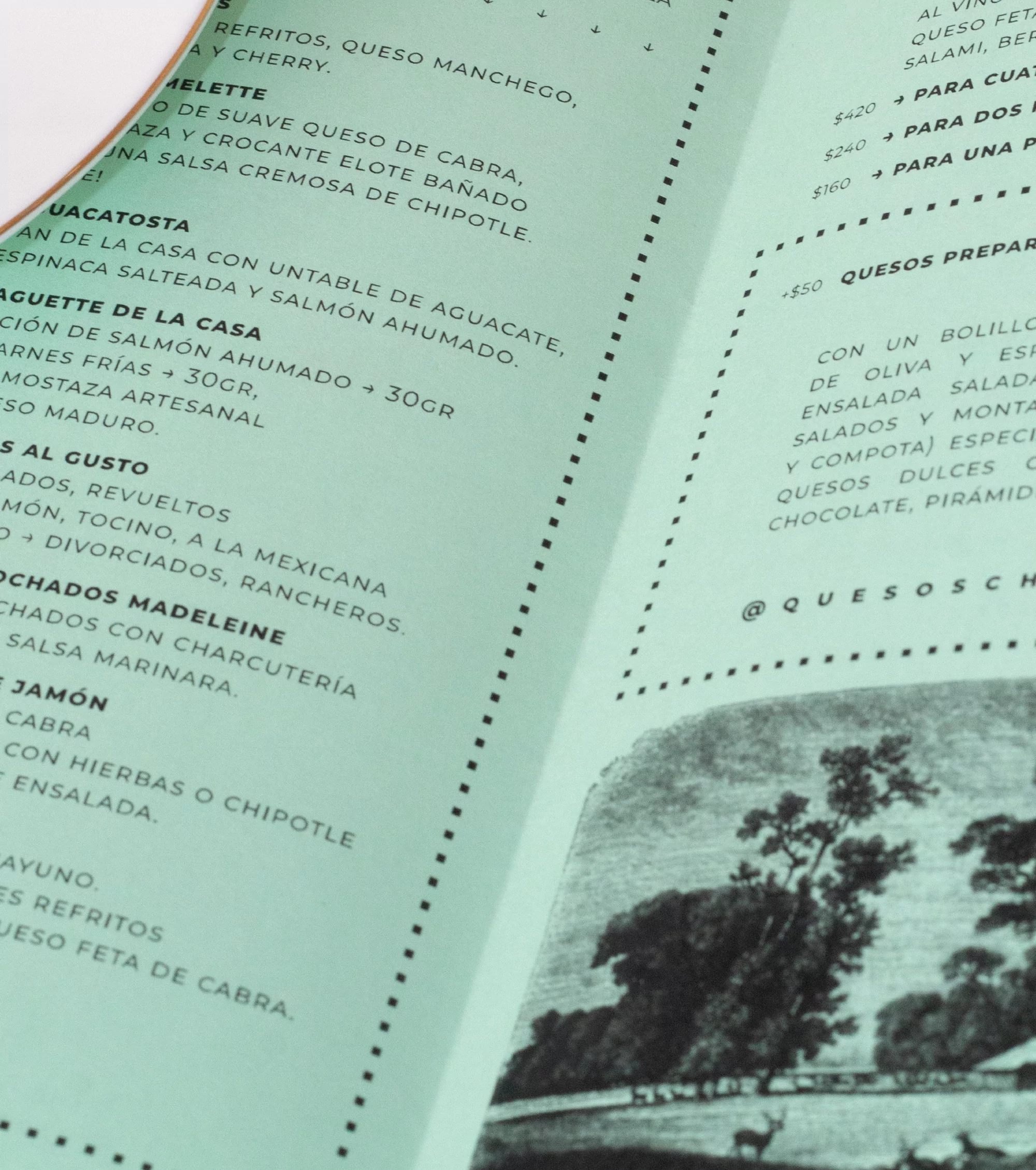 Close-up of a restaurant menu detailing food and drink items in light teal and white with a landscape illustration in the corner.
