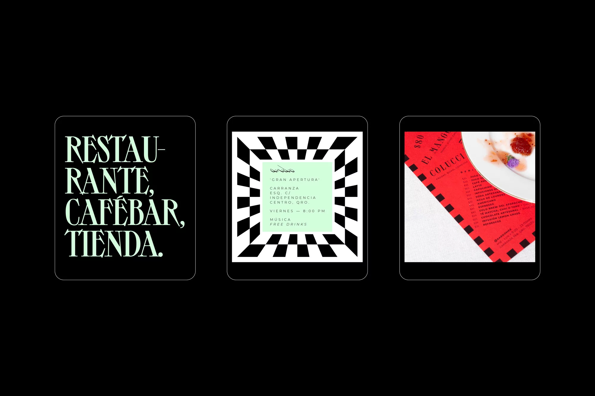 Three digital posters on black: restaurant ad with cafe, bar, store, modern frame graphic, food menu, restaurant concept.