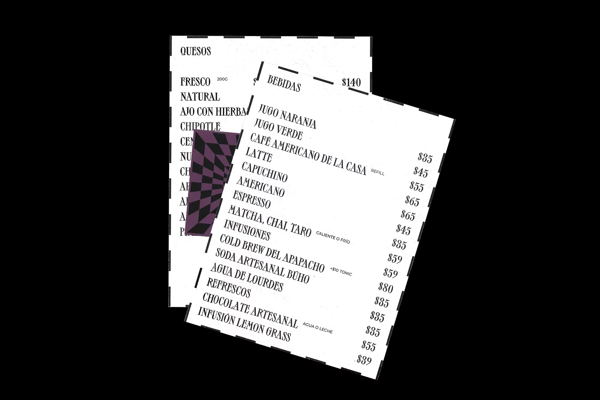 Two printed menu pages with food and beverage options, including queso, juices, coffee, and other drinks, on a black background.