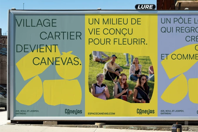 Outdoor billboard featuring a diverse group of people enjoying a sunny day, with abstract design elements and real estate advertisement text.
