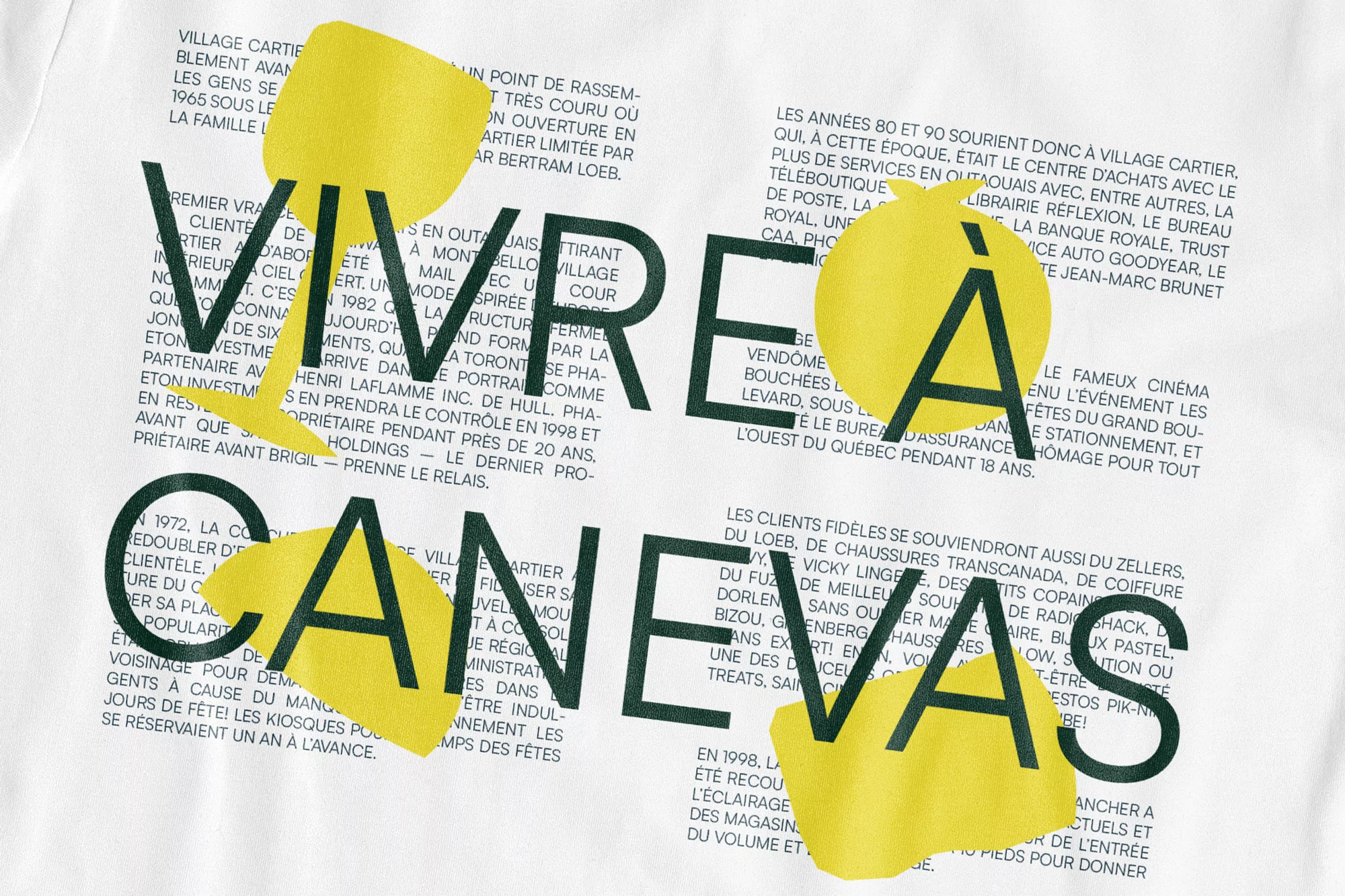 Graphic text art with stacked words 'Vivre a Canevas' in black and yellow, mixed with paragraphs of French text in the background.