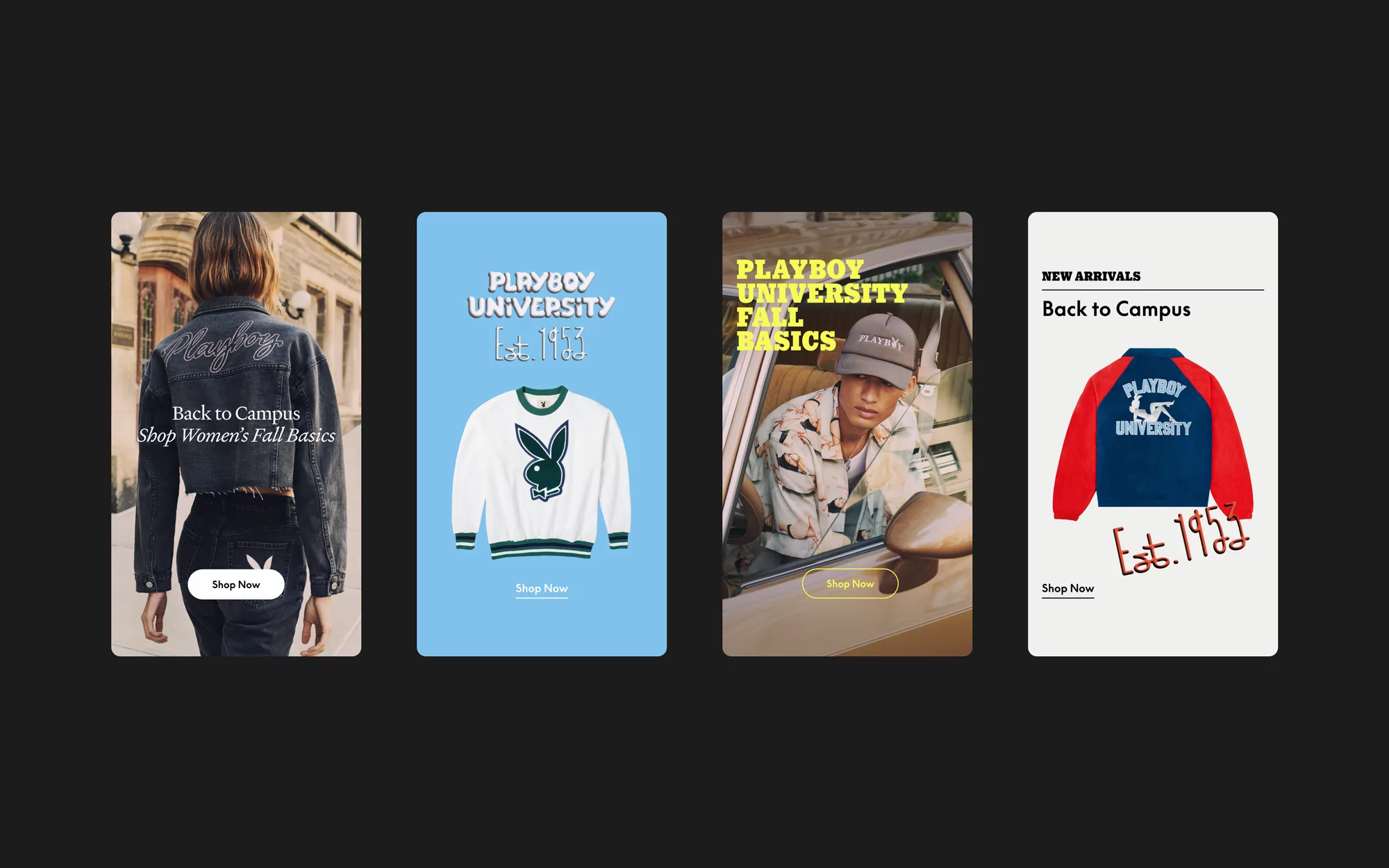 Playboy University merchandise displayed in a collage featuring sweatshirts, a jacket, and a woman wearing branded clothing. Fall basics promotion.