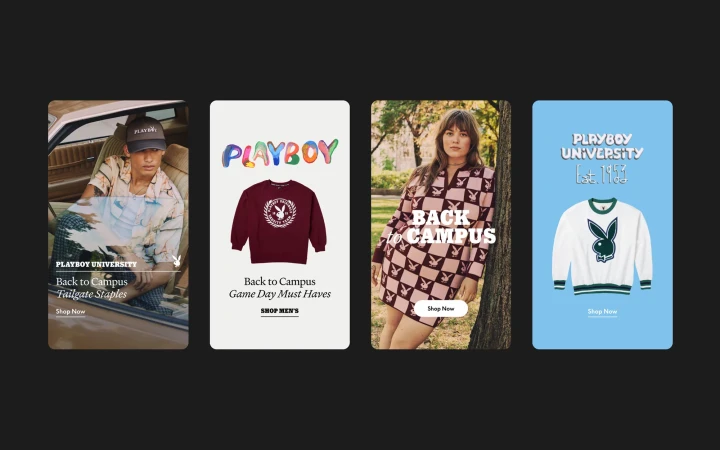 Playboy University branded apparel is displayed as part of the company's back to campus advertising campaign, featuring sweaters, shirts, and hats.