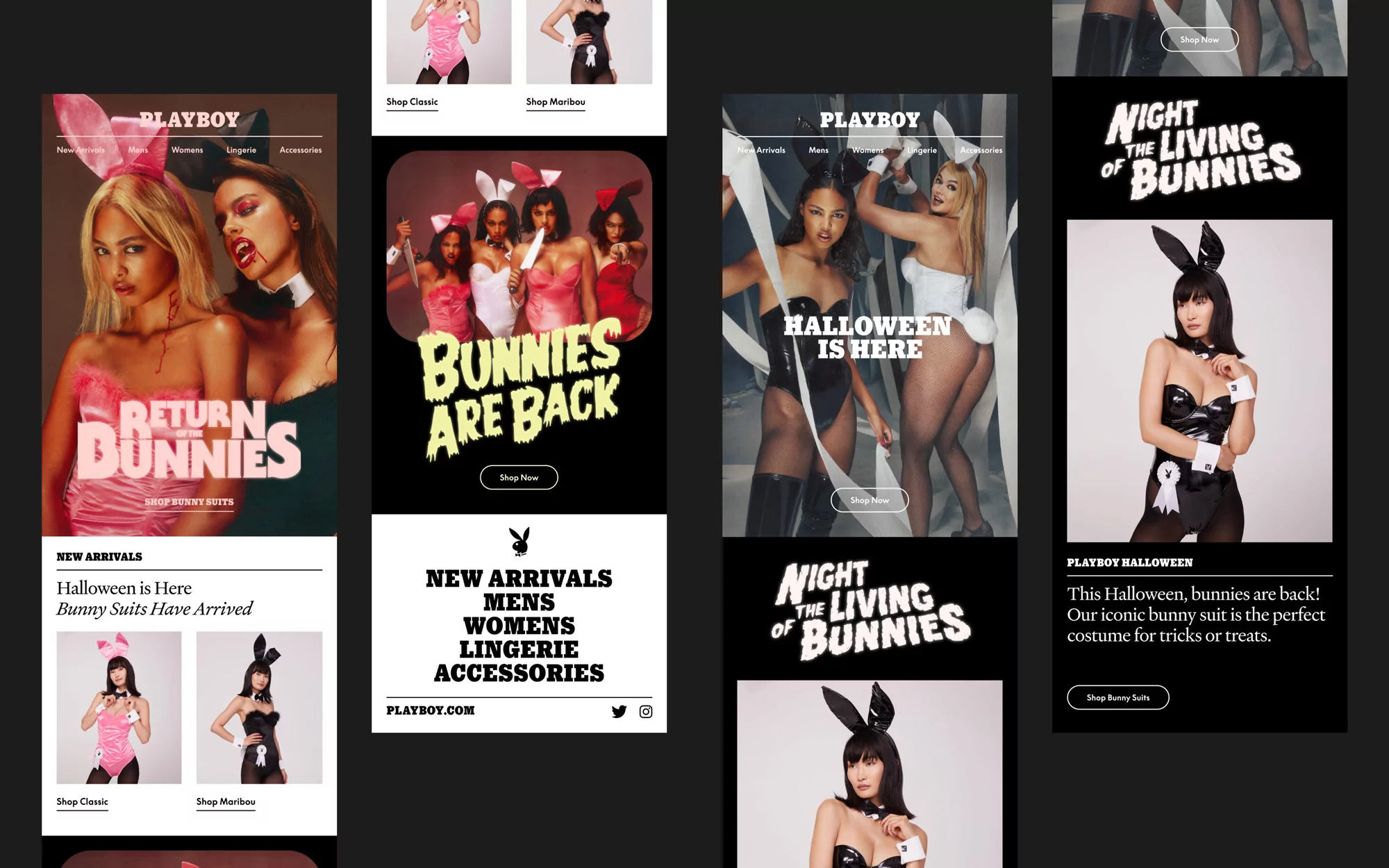 Playboy Halloween marketing campaign featuring women in bunny suits with bunny ears. Text on ads includes 'Return of the Bunnies'.