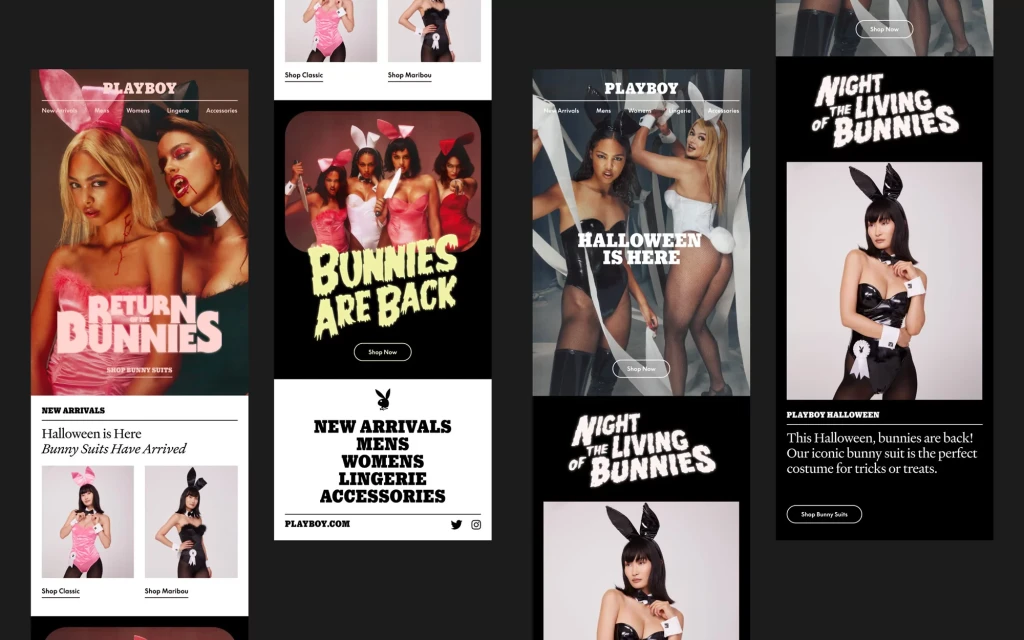 Playboy Halloween marketing campaign featuring women in bunny suits with bunny ears. Text on ads includes 'Return of the Bunnies'.