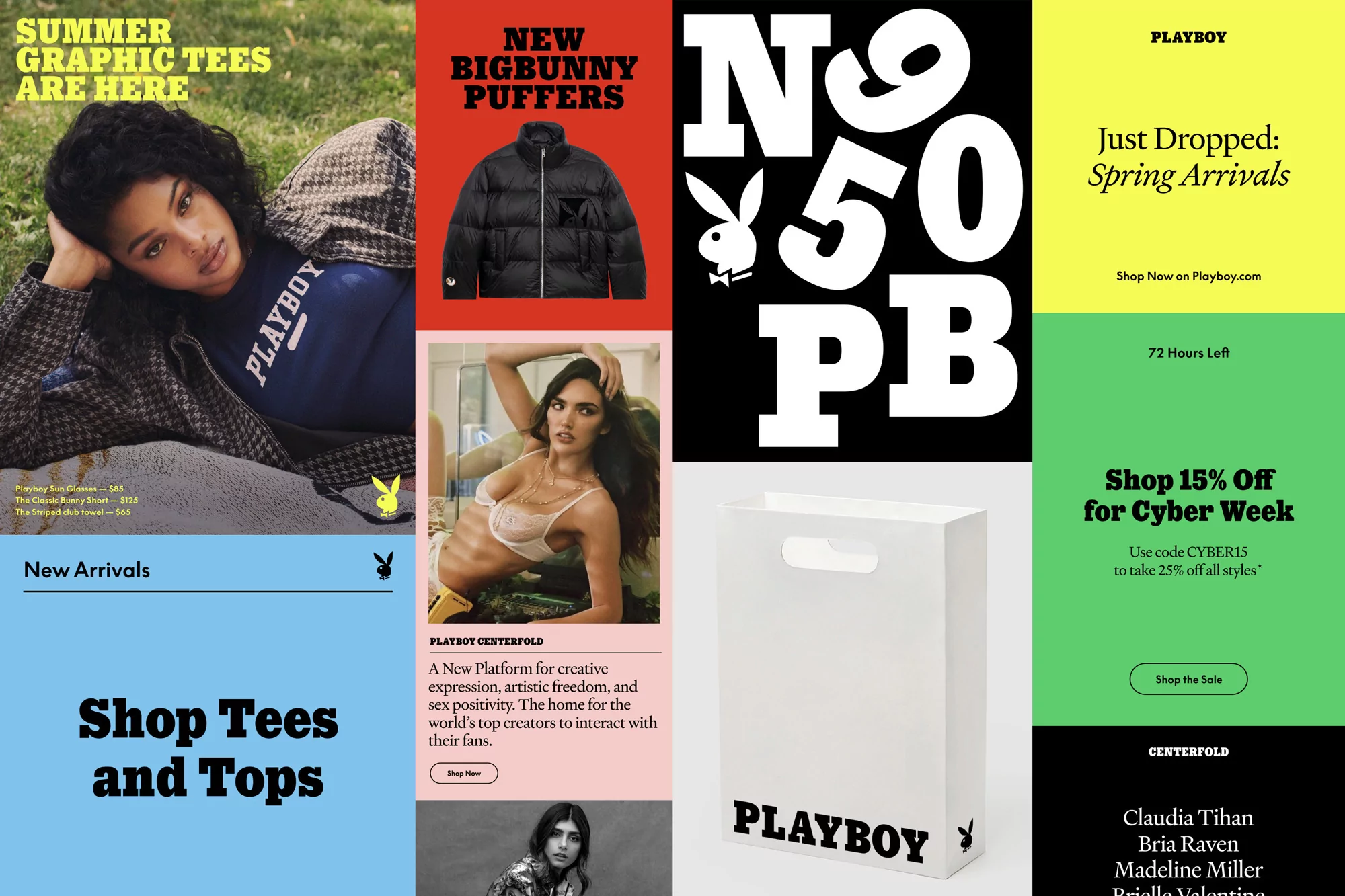 Collage of apparel and accessories ads featuring a woman in a tee shirt, a puffer jacket, a paper bag, and promotional text.