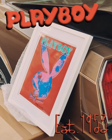 Framed Playboy magazine cover featuring the iconic bunny logo, displayed on a car with a golden-brown finish and tail lights.