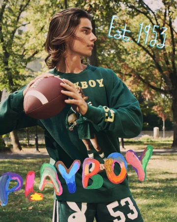Young adult male in a park setting wearing green sportswear and holding a football, with a vintage, illustrated aesthetic.