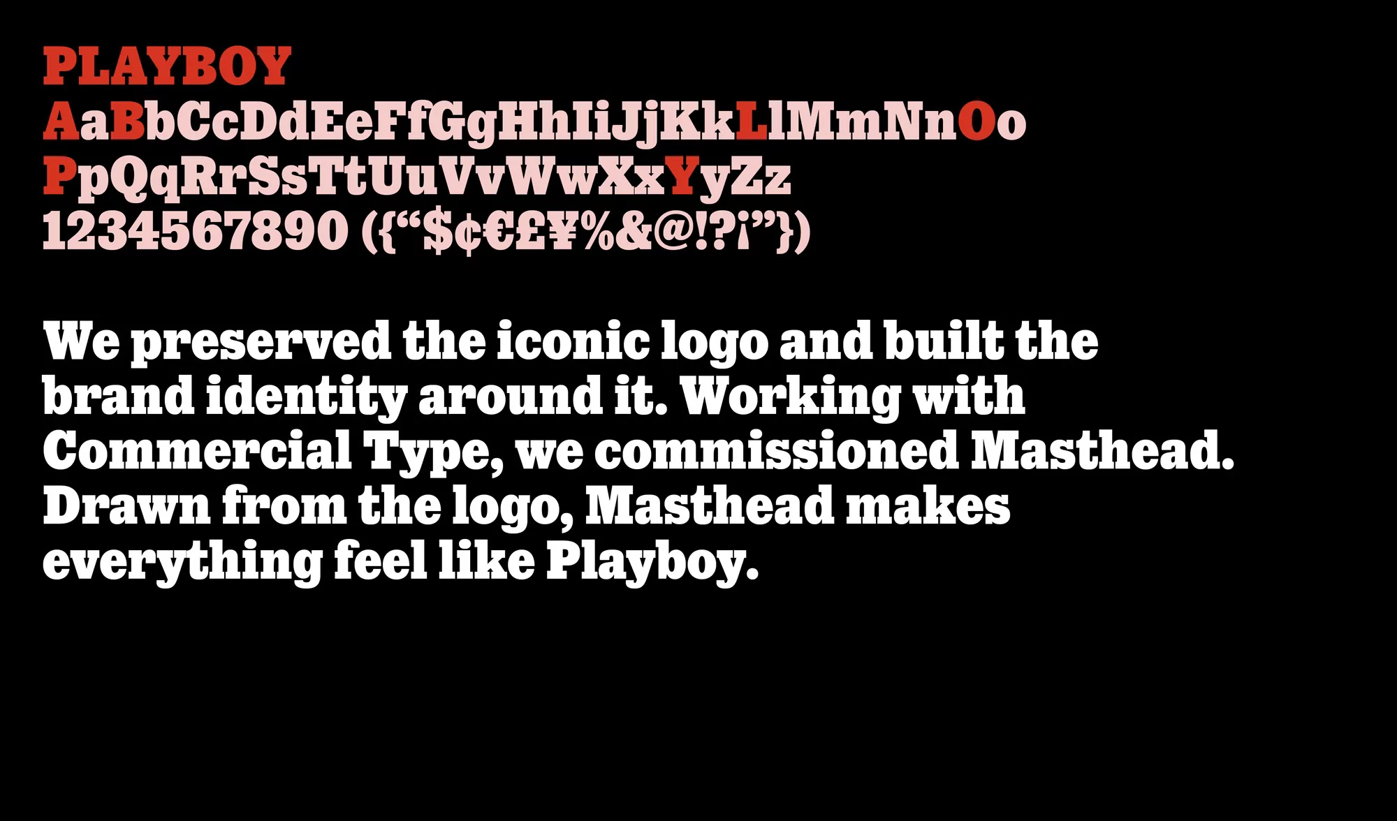Playboy brand visual featuring a custom typeface with upper and lowercase letters, numbers, symbols, and a design description on a black background.
