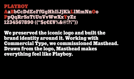 Playboy brand identity typography showcase featuring the Masthead typeface on a solid black background.