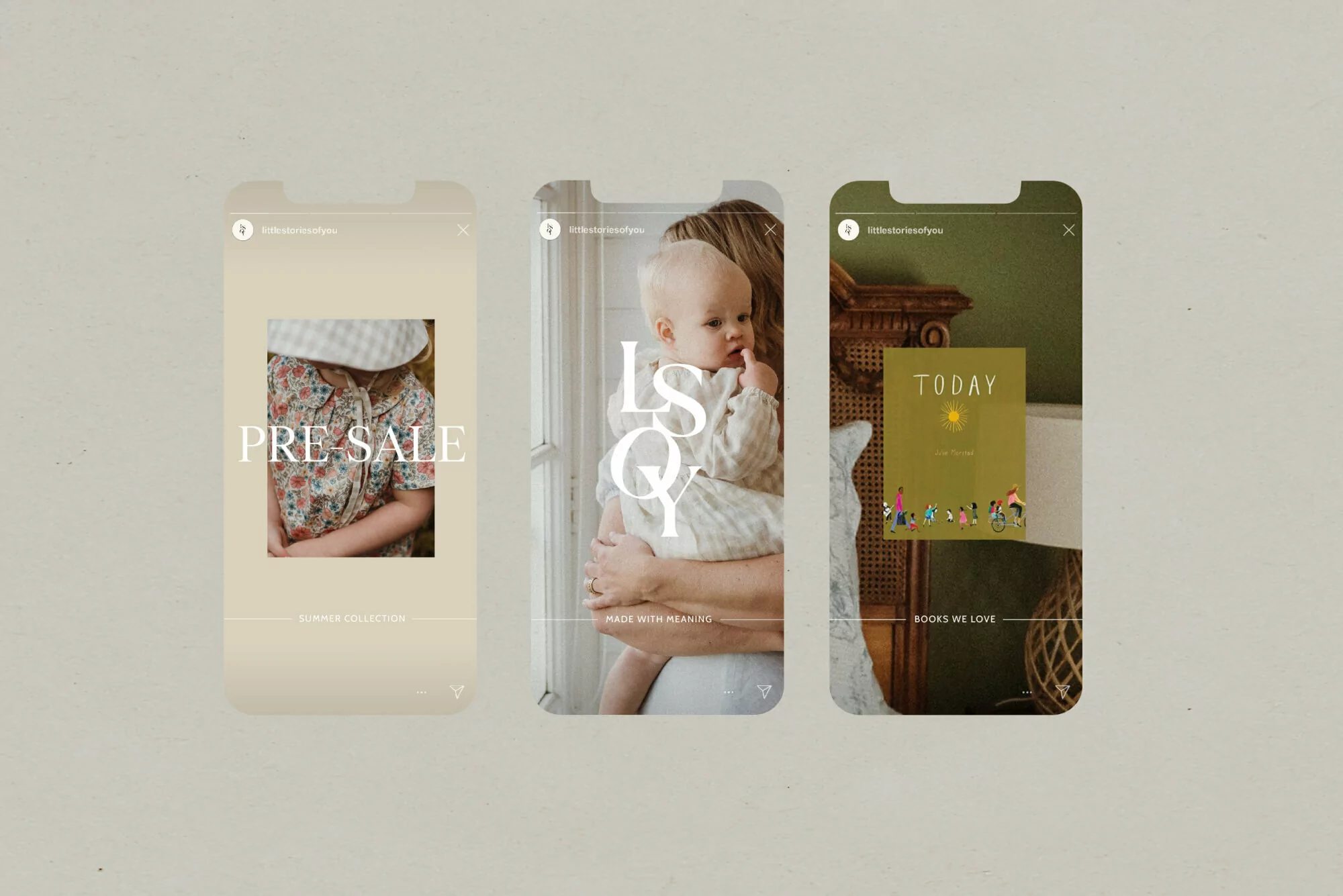 Three phone screens showing fashion pre-sale, a baby held by an adult, and a book with a sun illustration. Soft, neutral color palette.