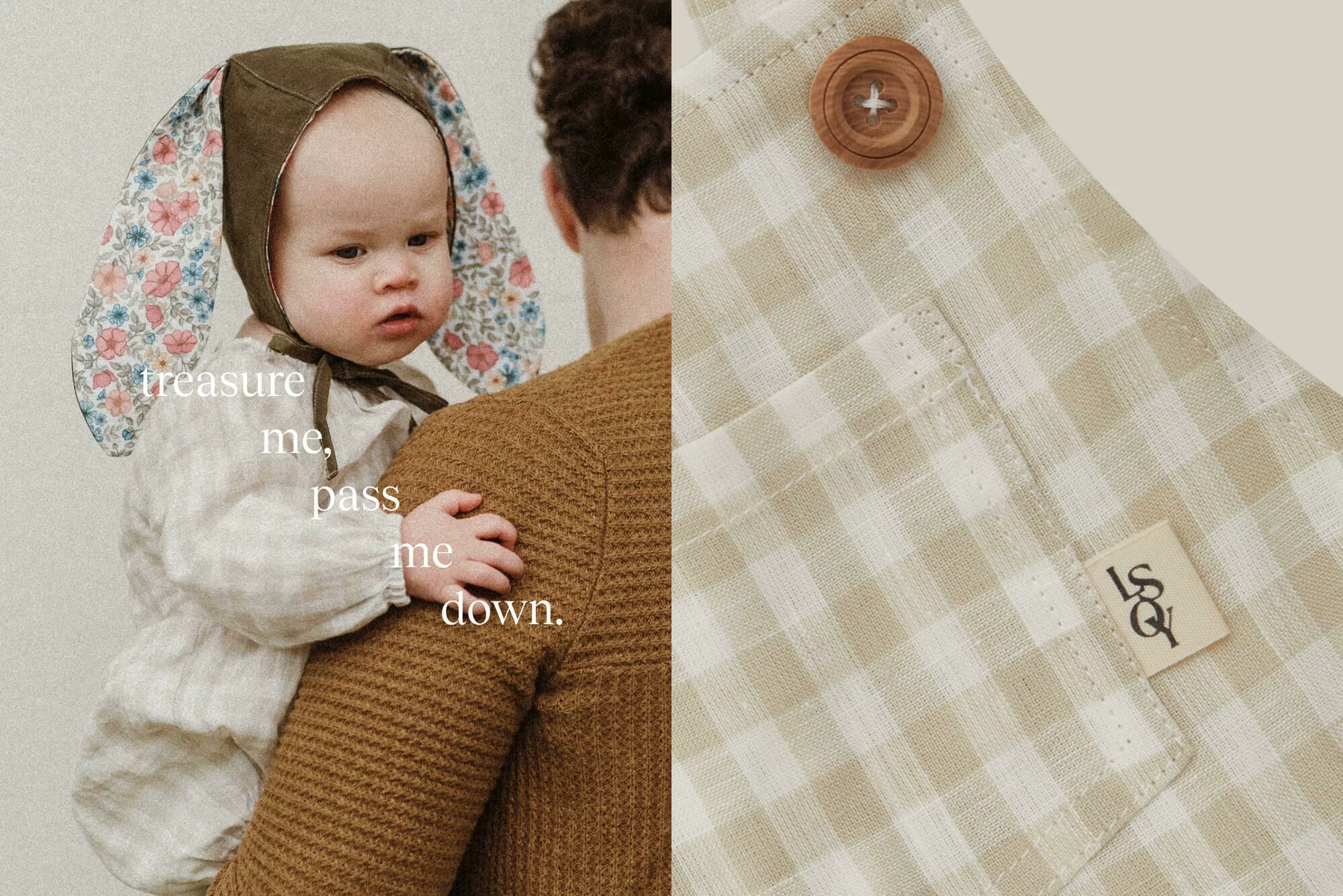 A baby wearing a floral-lined bunny bonnet rests on a person's shoulder, adjacent to a gingham garment with a wood button.