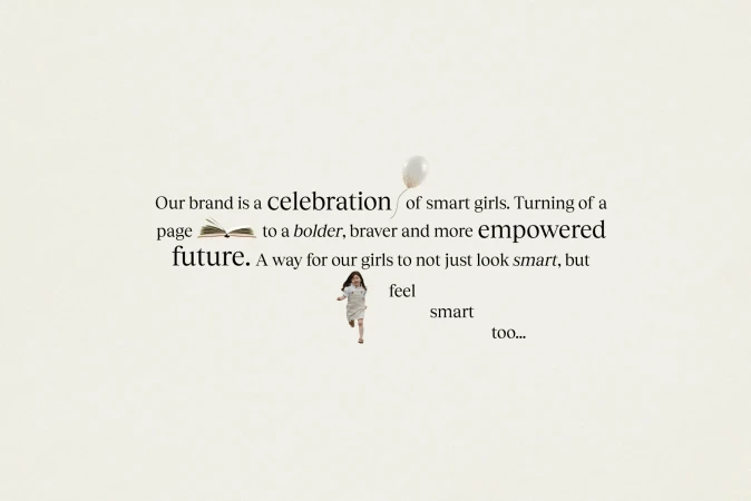 Young girl running in a field with a balloon and text overlay about celebrating smart, empowered girls in a bright, cheerful style.