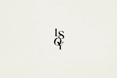Minimalist brand identity logo typography featuring intertwined black letters LSQY centered on textured cream paper
