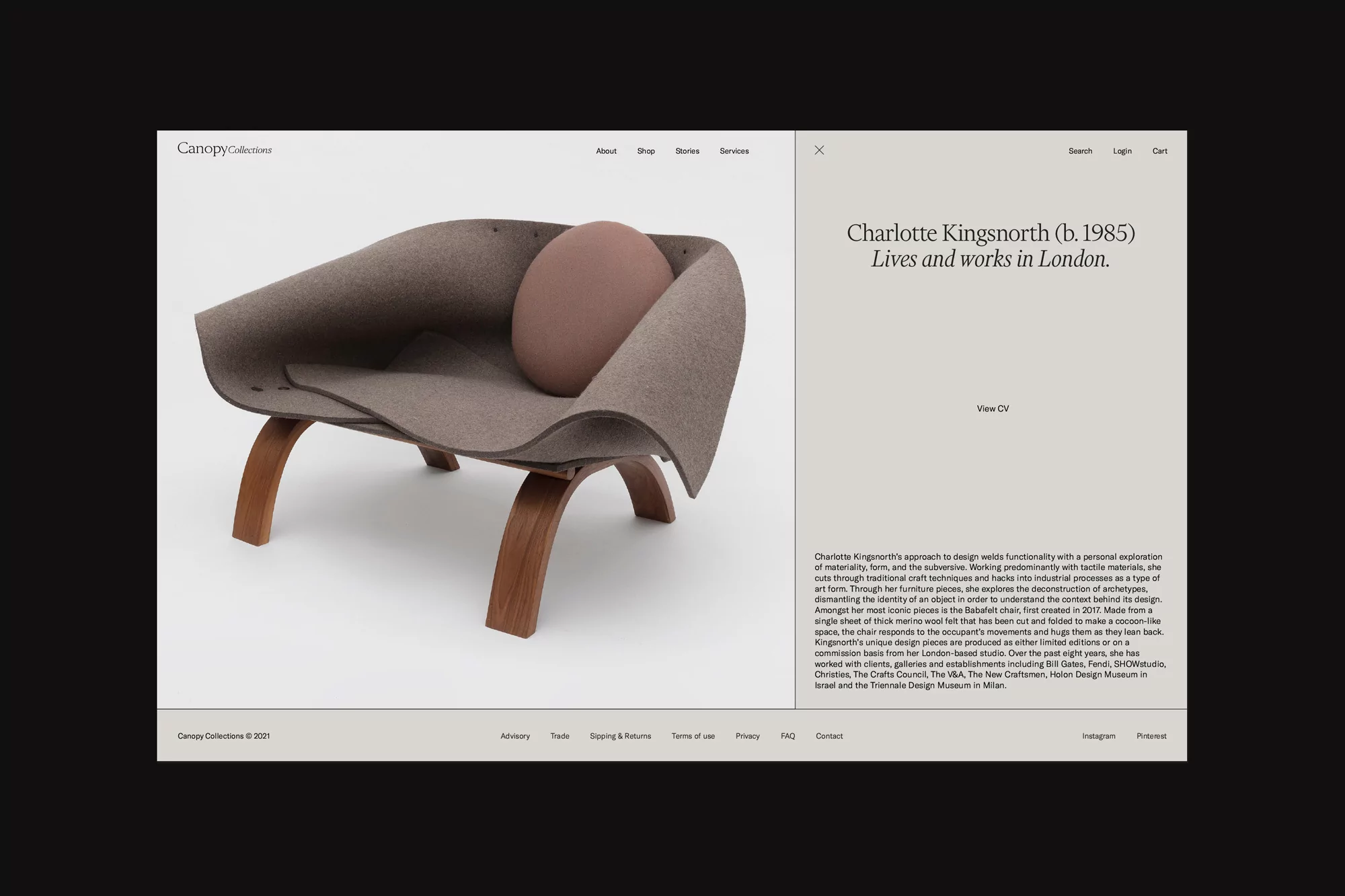Website display showcasing a gray felt chair with a rounded seat cushion and wooden base designed by Charlotte Kingsnorth, London.