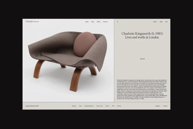 Website display showcasing a gray felt chair with a rounded seat cushion and wooden base designed by Charlotte Kingsnorth, London.