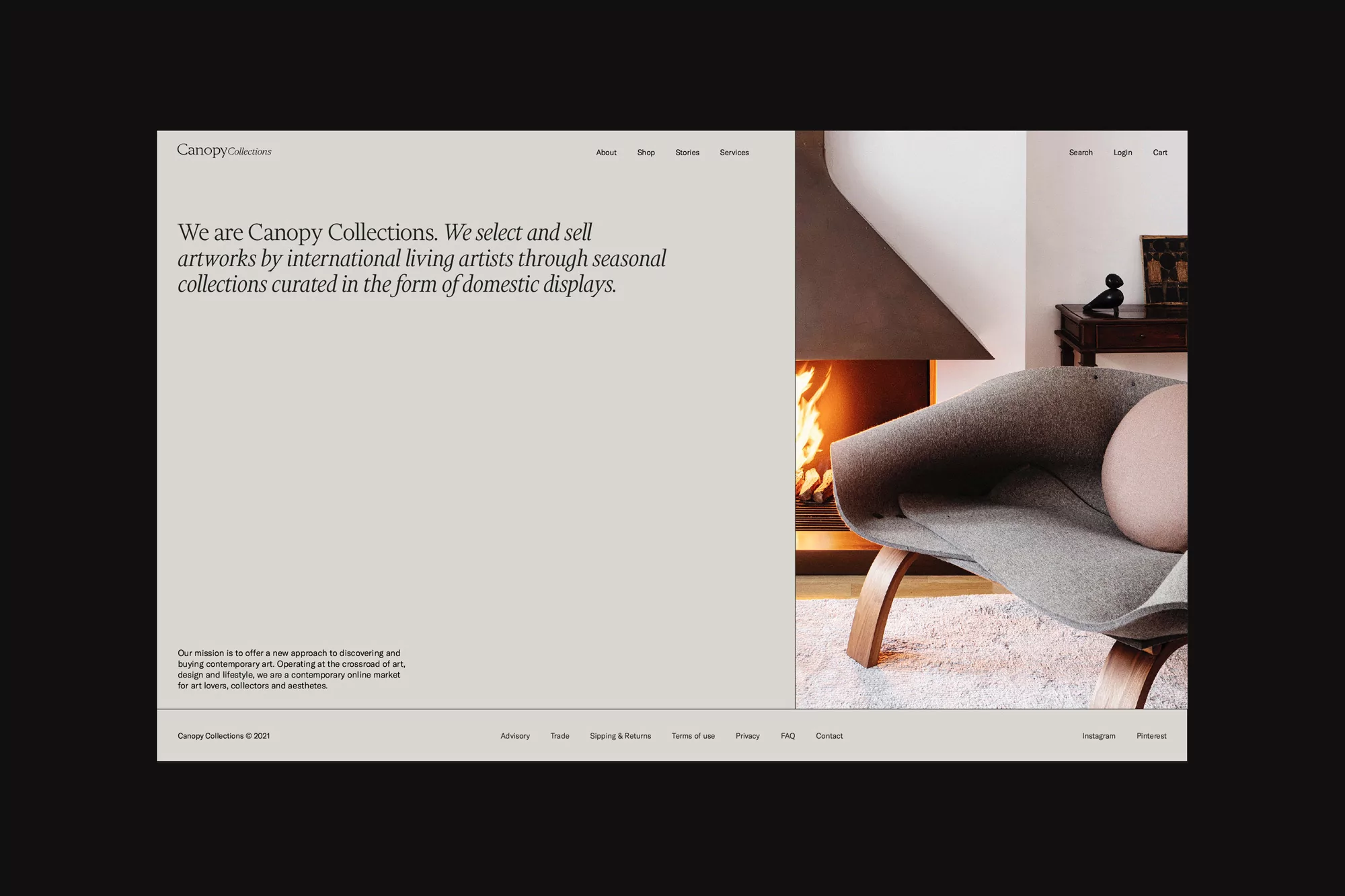 Website for Canopy Collections featuring a modern chair by a fireplace and text promoting international artwork and domestic displays.