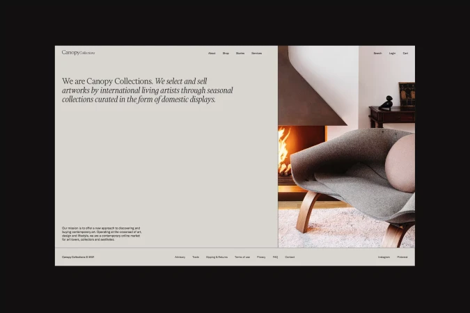 Website for Canopy Collections featuring a modern chair by a fireplace and text promoting international artwork and domestic displays.