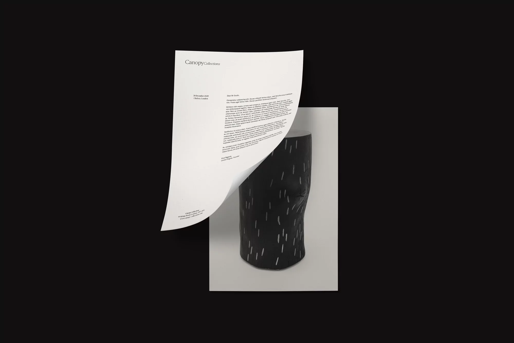 Still life of a black sculpture against a white paper and black backdrop, with the letter "Canopy Collections" at the top.