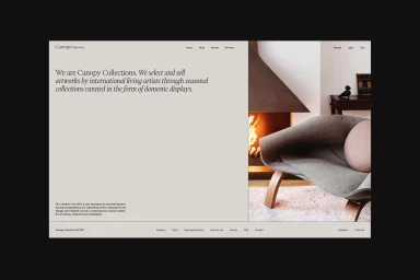 Website homepage interface design featuring typography and a warm interior image for Canopy Collections brand identity.