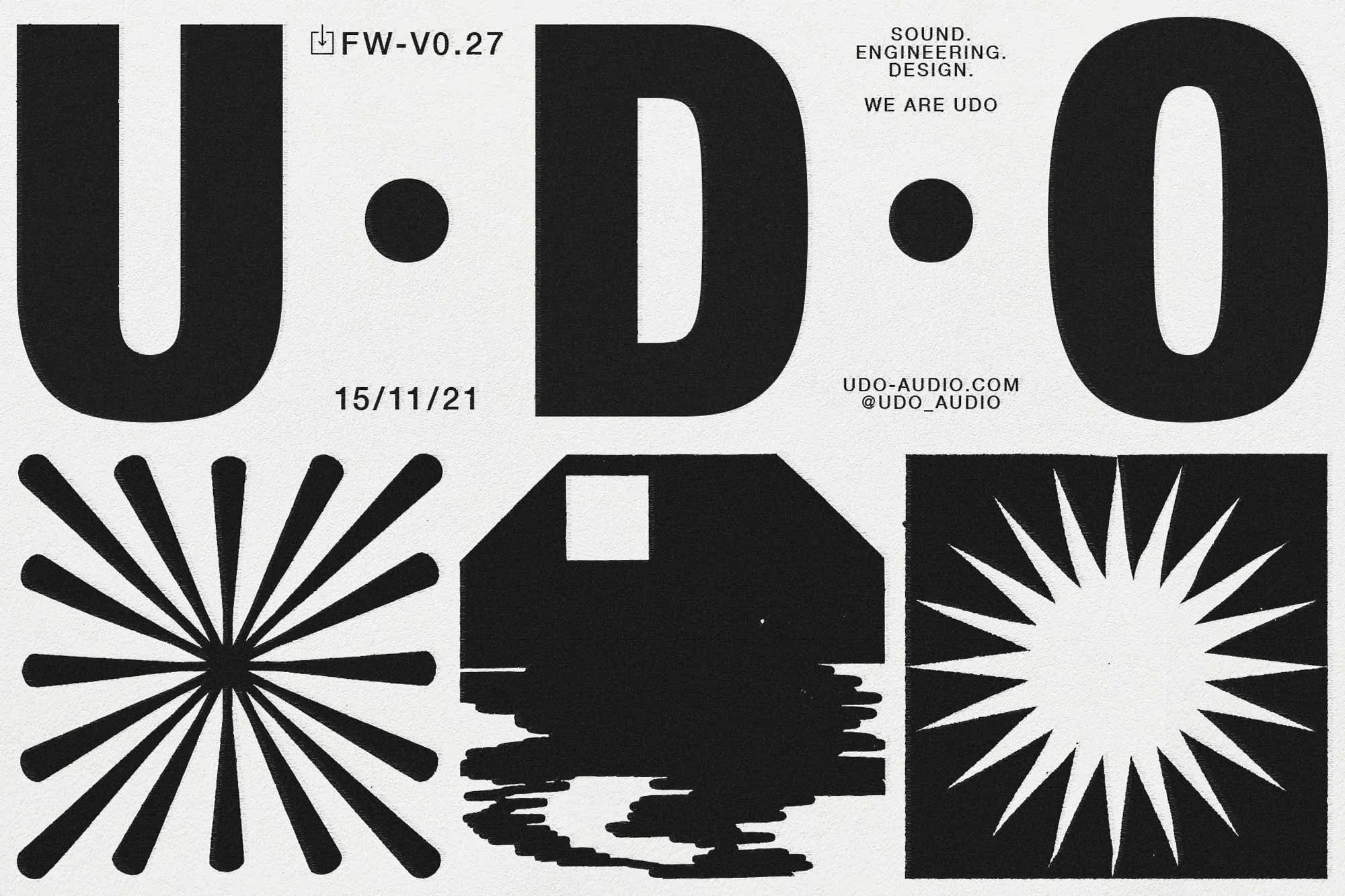 Abstract graphic design featuring bold typography 'U-D-O,' geometric shapes, and black and white contrast, ideal for creative visuals.