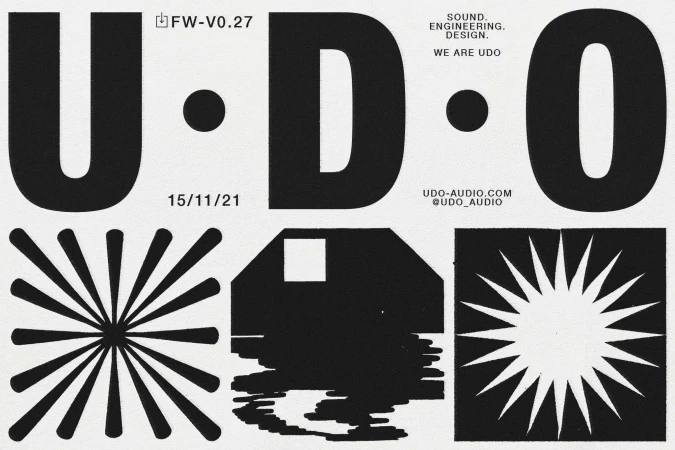 Abstract graphic design featuring bold typography 'U-D-O,' geometric shapes, and black and white contrast, ideal for creative visuals.