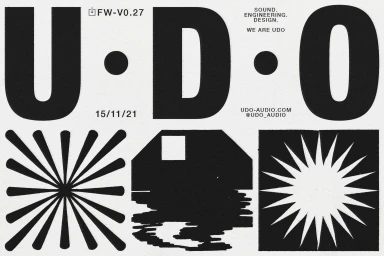 Monochrome brand identity design for UDO featuring bold typography, minimalist geometric graphics, and grainy paper texture.